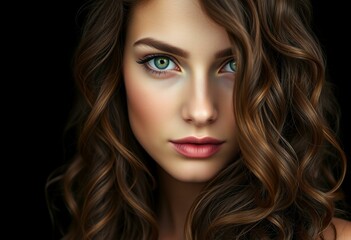 Fototapeta premium Female portrait with brown hair and green eyes on black background