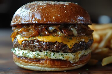 Gourmet burger creation restaurant kitchen food photography cozy atmosphere close-up culinary art