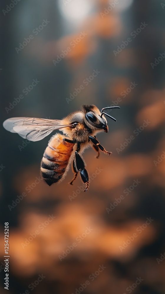 Poster honeybee in flight with blurred orange and gray background creating a dynamic nature scene