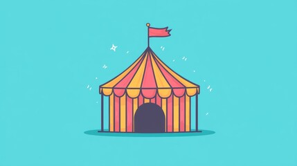 Illustrated circus tent with red and yellow stripes against a light blue background.