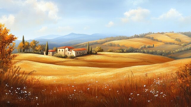 Picturesque Italian countryside with golden fields and rolling hills
