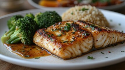 Grilled fish fillet served with steamed broccoli and rice on a rustic wooden table