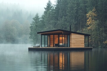 Obraz premium Serene Lakeside Cabin Retreat: Misty Morning on Tranquil Waters