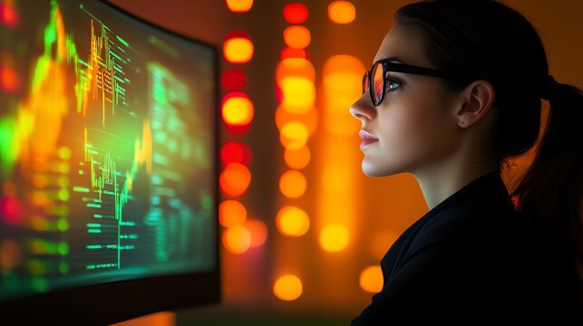 A female data scientist analyzes big data on a curved monitor, surrounded by glowing graphs and Python scripts. Futuristic orange-green lighting enhances her high-tech workspace