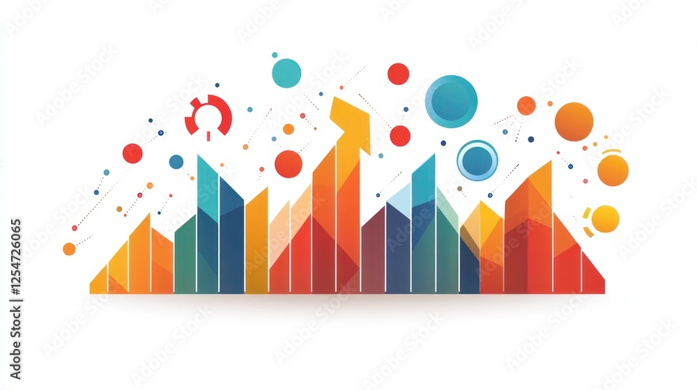 Poster abstract colorful upward trending graph with arrows and circles.