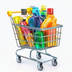 Colorful Collection of Bottles in a Grocery Shopping Cart on a Bright Background