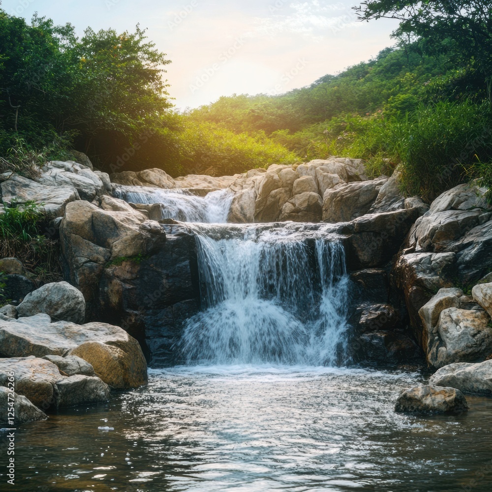 Fototapete gentle waterfall cascading over rocks into a serene pool surrounded by lush greenery in a tranquil n