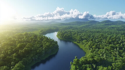Aerial view of lush green forest with winding river, showcasing nature beauty and tranquility