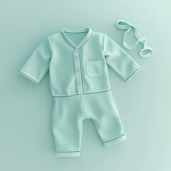 Baby's mint green jumpsuit, soft fabric, flat lay, pastel background, online shop
