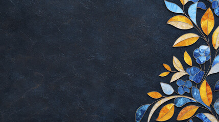Art Nouveau design featuring blue and orange leaves on dark background, creating vibrant and elegant composition
