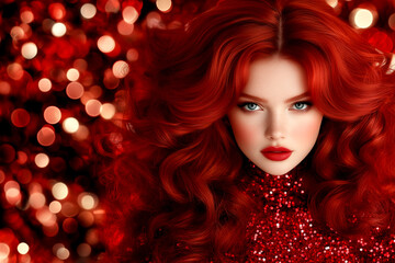 Fototapeta premium A woman with red hair and red dress is shown in a red background. The image has a festive and celebratory mood, as the woman is dressed up for a special occasion