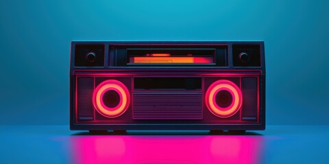 A retro boombox with vibrant neon lights, set against a cool blue backdrop, evokes nostalgia and a love for classic music.