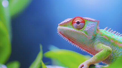 Fototapeta premium Colorful chameleon perched on green leaves, showcasing vibrant scales and unique features