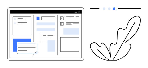 Digital workspace with task management interface, checkboxes, text fields, scattered notes. Minimalistic leaves on the right. Ideal for productivity, organization, planning, workflow creativity