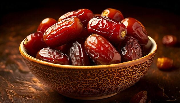 A stunning macro shot of a traditional ceramic bowl filled with deep brown dates