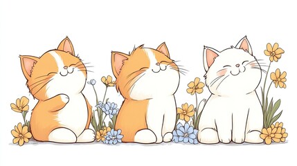Three adorable cartoon cats sitting among colorful flowers, enjoying a sunny day in a cheerful garden