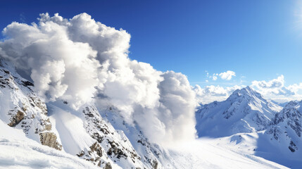 Dramatic avalanche clouds billow over snow covered mountains under bright blue sky