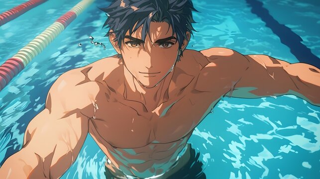 apanese anime-style illustration of an Olympic swimmer, a male with black hair and brown eyes, swimming in a pool, Generative AI