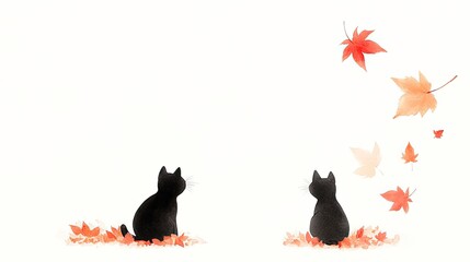 Two black cats sitting amidst fallen autumn leaves, observing colorful leaves drifting down