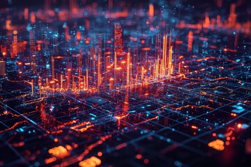 Obraz premium Dynamic crypto trading visualization digital cityscape high-fidelity graphics futuristic environment aerial view technology concept
