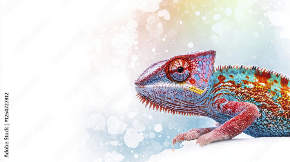 Poster vibrant chameleon with colorful scales, showcasing its unique features and textures