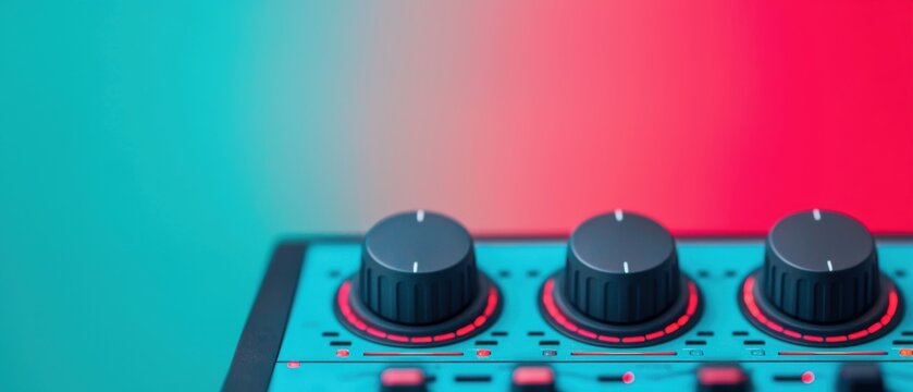 A close-up of a control panel featuring three dials against a vibrant gradient background, showcasing modern design and technology.