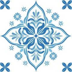 Fototapeta premium Traditional ceramic tiles Azulejo vector illustration. Italian print and pattern for fabric and wallpaper. Sicilian majolica in blue tones. Ornament in Mediterranean style.