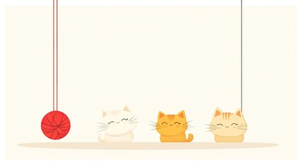 Three playful cartoon cats engaging with a red yarn ball in a minimalistic background