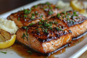 Seared salmon delight gourmet restaurant food photography elegant setting close-up culinary artistry
