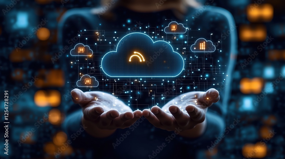 Poster futuristic cloud computing concept with hands holding digital cloud symbol surrounded by data icons 
