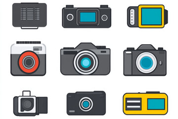 Various camera icons in flat style, showcasing different designs