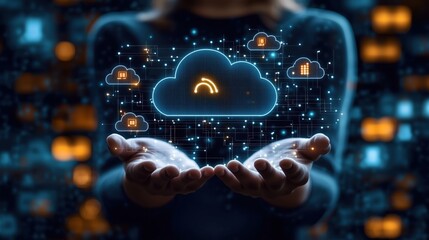 Futuristic Cloud Computing Concept with Hands Holding Digital Cloud Symbol Surrounded by Data Icons and Glowing Elements
