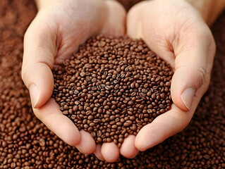 Hands holding coffee beans, harvest background