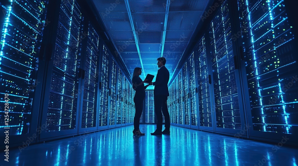 Poster business professionals collaborate in modern data center surrounded by rows of advanced server techn
