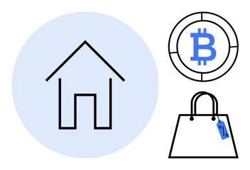 Obraz premium House icon in large blue circle, Bitcoin coin, and shopping bag with price tag. Ideal for finance, real estate, ecommerce, investment, cryptocurrency digital economy property ownership. Abstract