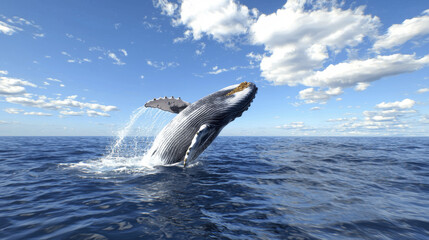 Naklejka premium Majestic blue whale breaching ocean surface under bright sky