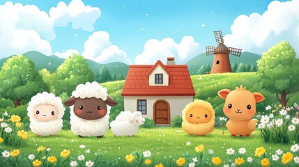 Cute cartoon farm scene with fluffy sheep and a friendly goat in a vibrant meadow