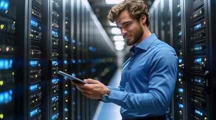 Professional IT technician working inside a data center, analyzing server performance on a digital tablet while managing network infrastructure and data storage.
