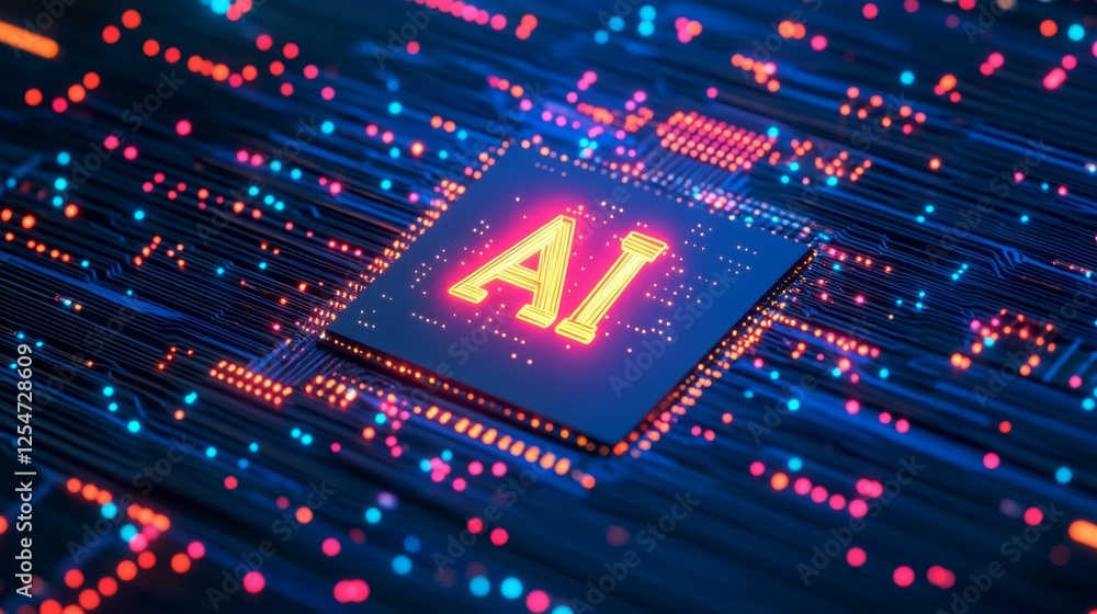 Poster a vibrant depiction of a microchip featuring the letters 
