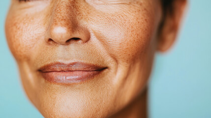 Fototapeta premium Close-up captures the lower portion of a smiling woman's face, highlighting her freckles, smooth skin, and subtle lip gloss, emphasizing natural beauty and skincare