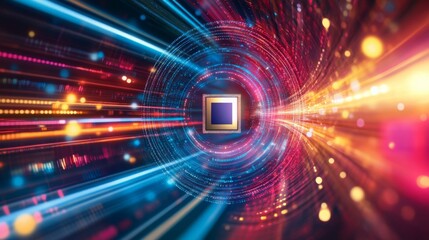 Fototapeta premium A vibrant, abstract depiction of a computer chip surrounded by dynamic light trails, symbolizing speed and technology.