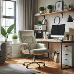 Modern Home Office Essentials: A Cozy and Inviting Workspace Featuring a Stylish White Leather Office Chair, a Spacious Desk, and a Range of Essential Office Suppliers.