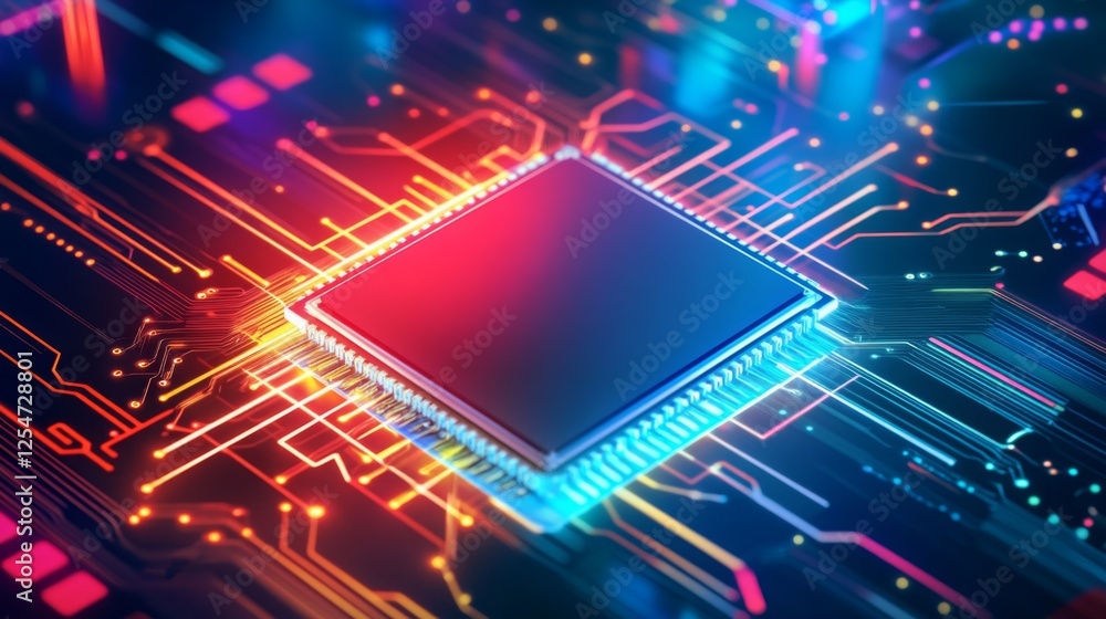 Leinwandbilder A vibrant close-up of a microchip surrounded by glowing circuitry, showcasing advanced technology and intricate design.