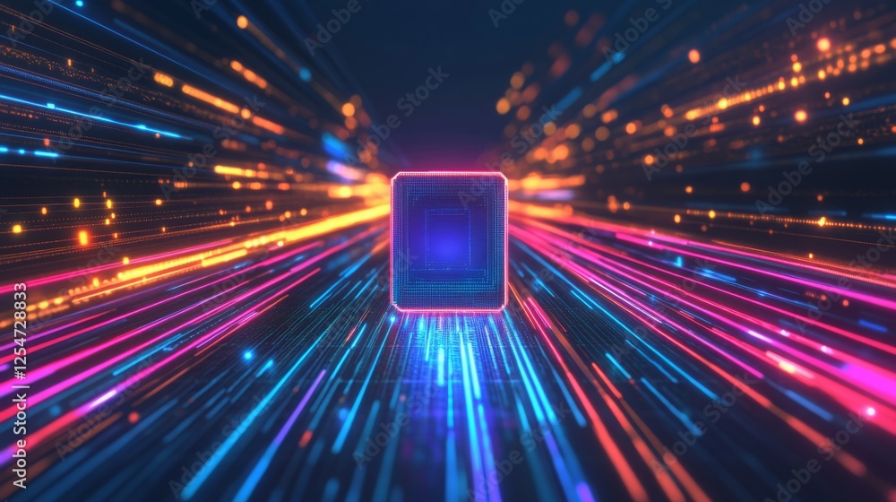 Aufkleber A vibrant digital landscape featuring glowing lines of light converging towards a central luminous square, evoking a sense of speed and technology.