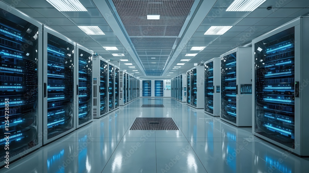 Poster modern data center interior with rows of server racks and advanced technology showing bright blue li