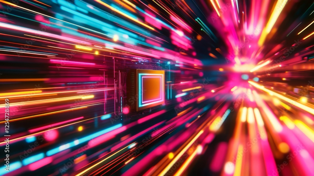 Poster a vibrant abstract image depicting colorful light streaks moving rapidly through a dark space, creat