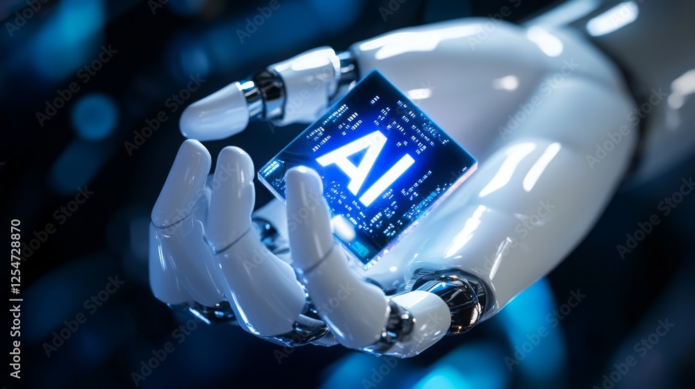 Poster a robotic hand holds a glowing microchip labeled 