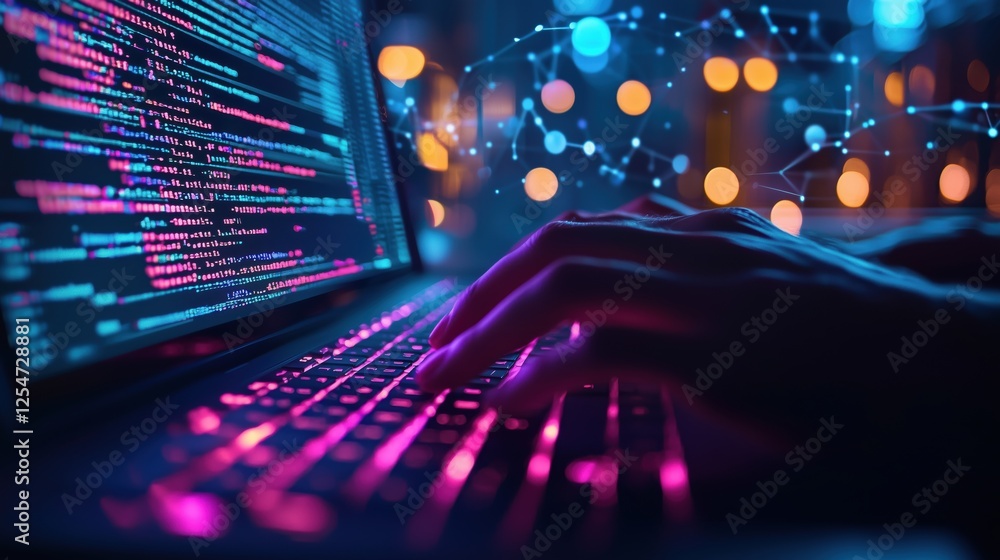 Aufkleber hands typing on laptop with colorful code display and abstract network connections in background, il