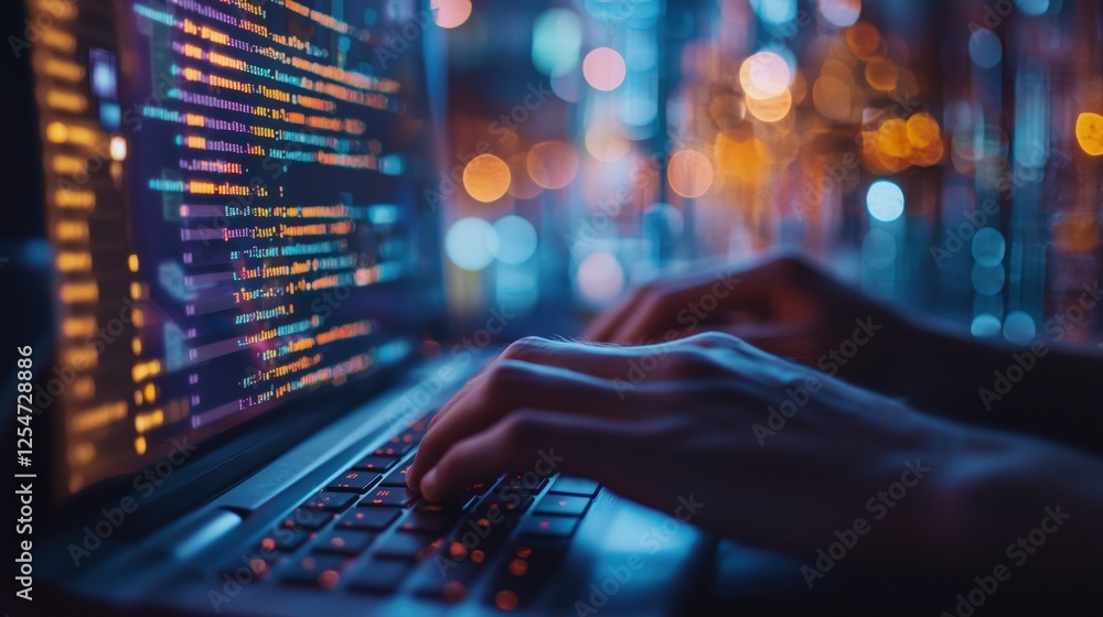 Aufkleber close-up of hands typing code on laptop in dark room filled with colorful bokeh lights representing 