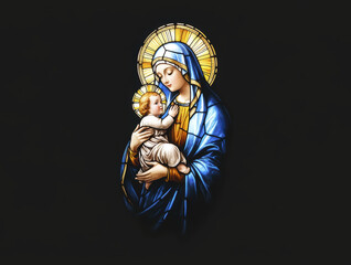 Obraz premium Stained glass depiction of Madonna holding child, showcasing vibrant colors and intricate details, evoking sense of peace and reverence
